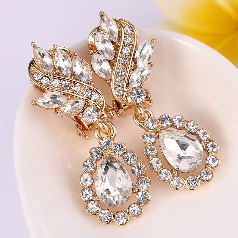 EleQueen Women's Austrian Crystal Art Deco Tear Drop Dangle Earrings Clip-on Gold-tone Clear - Image 4